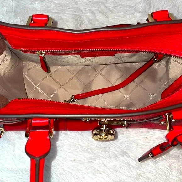 Michael Kors MK Nouveau Hamilton Leather Satchel Crossbody Bag Purse in Red - Picture 14 of 17